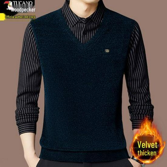 Woodpecker Men's Fleece-Lined Two-Piece Chenille Sweater with Shirt Collar