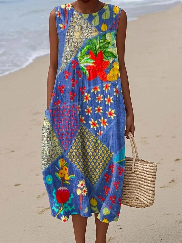 Sleeveless dress new pleated large version loose casual round neck D printing source