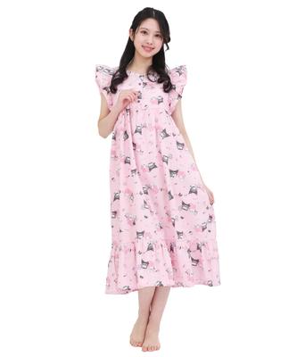 SAZAC Angel My Melody X Kuromi Cotton Dress, 100% Broadcloth, Women's Nightgown/Loungewear (Pink/M-L/SAN1948)