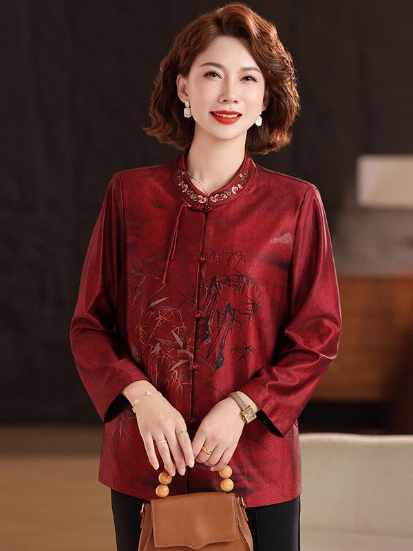 

Mom s Chinese Style Long-Sleeve Tang Shirt for Middle-Aged & Elderly Women 4XL (suggests 160-170 lbs) красный