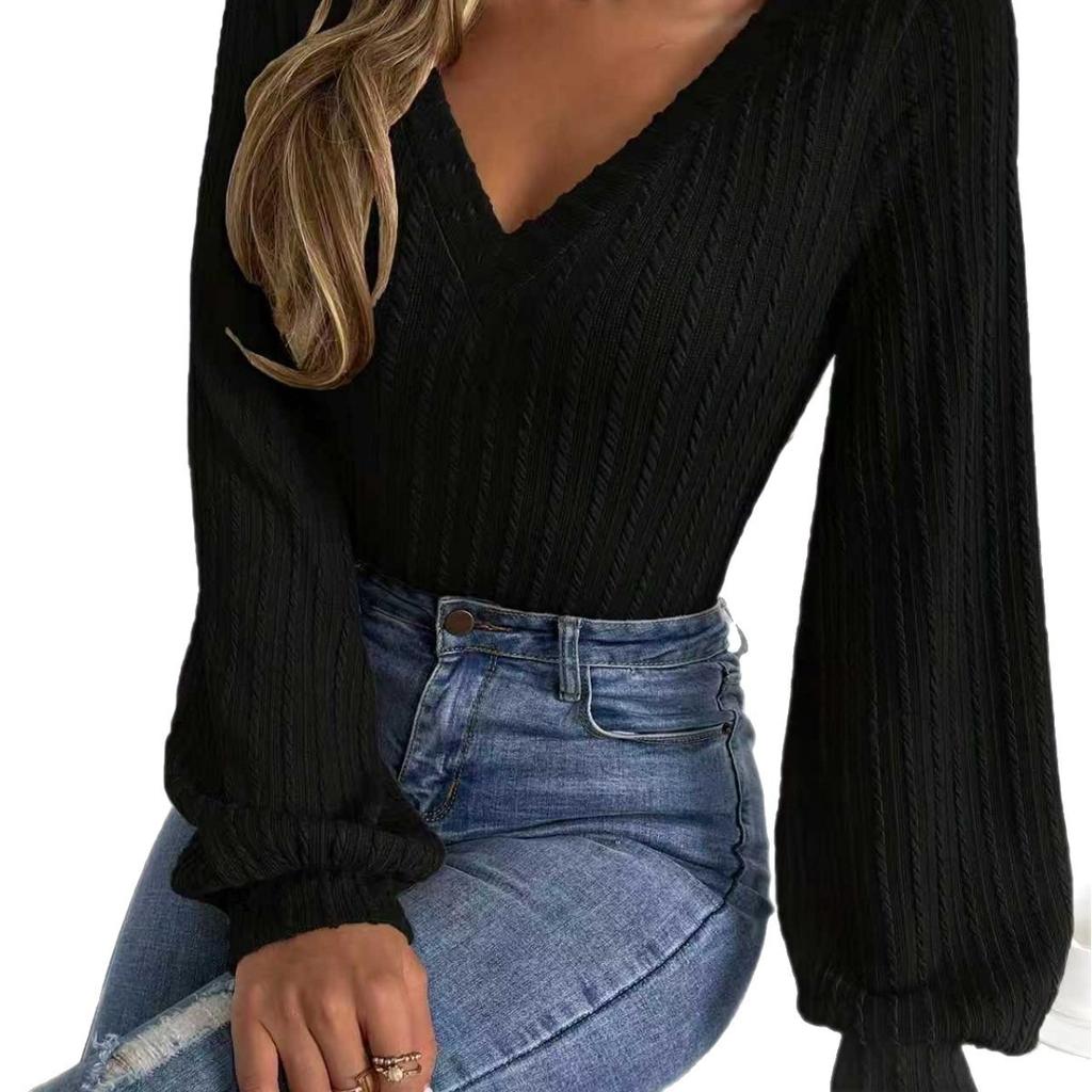 Fall Winter New Women's Solid Ribbed Long Sleeve V Neck T-shirt Casual Top, European American Style Crossborder Foreign Apparel