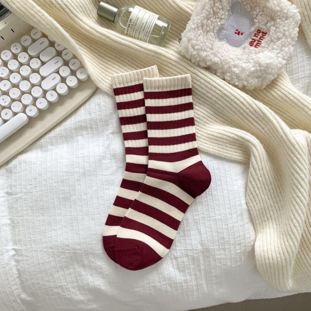 Red Bow Female Elastic Striped Socks Knitted Middle Tube Socks Snow Boot Socks  Christmas Gift