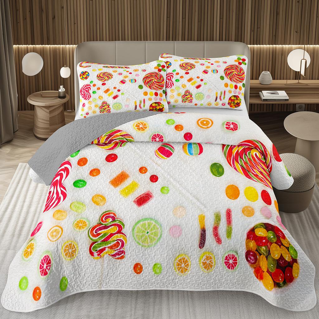 Søtt godteri dynesett for jenter gutter tenåringer, Lollipop-tema sengeteppe sett King dessert quiltet overkast tegneseriestil sengetøy