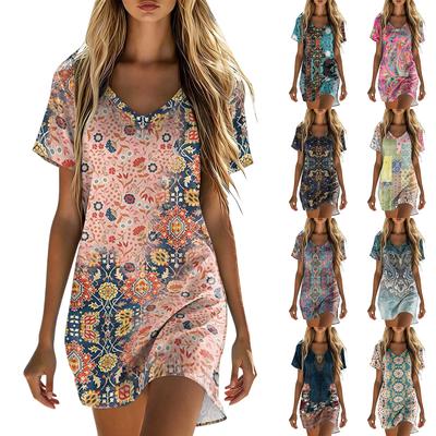 Women's Summer Casual Dress V Neck Short Sleeve Loose Fit Floral Print Lightweight Soft Fabric Beach Cover Up Tunic Dress