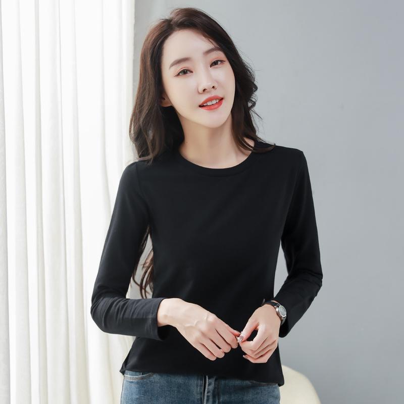 2024 Spring & Autumn Women's Long Sleeve Round Neck T-shirt - Korean Style Casual Solid Color Base Layer