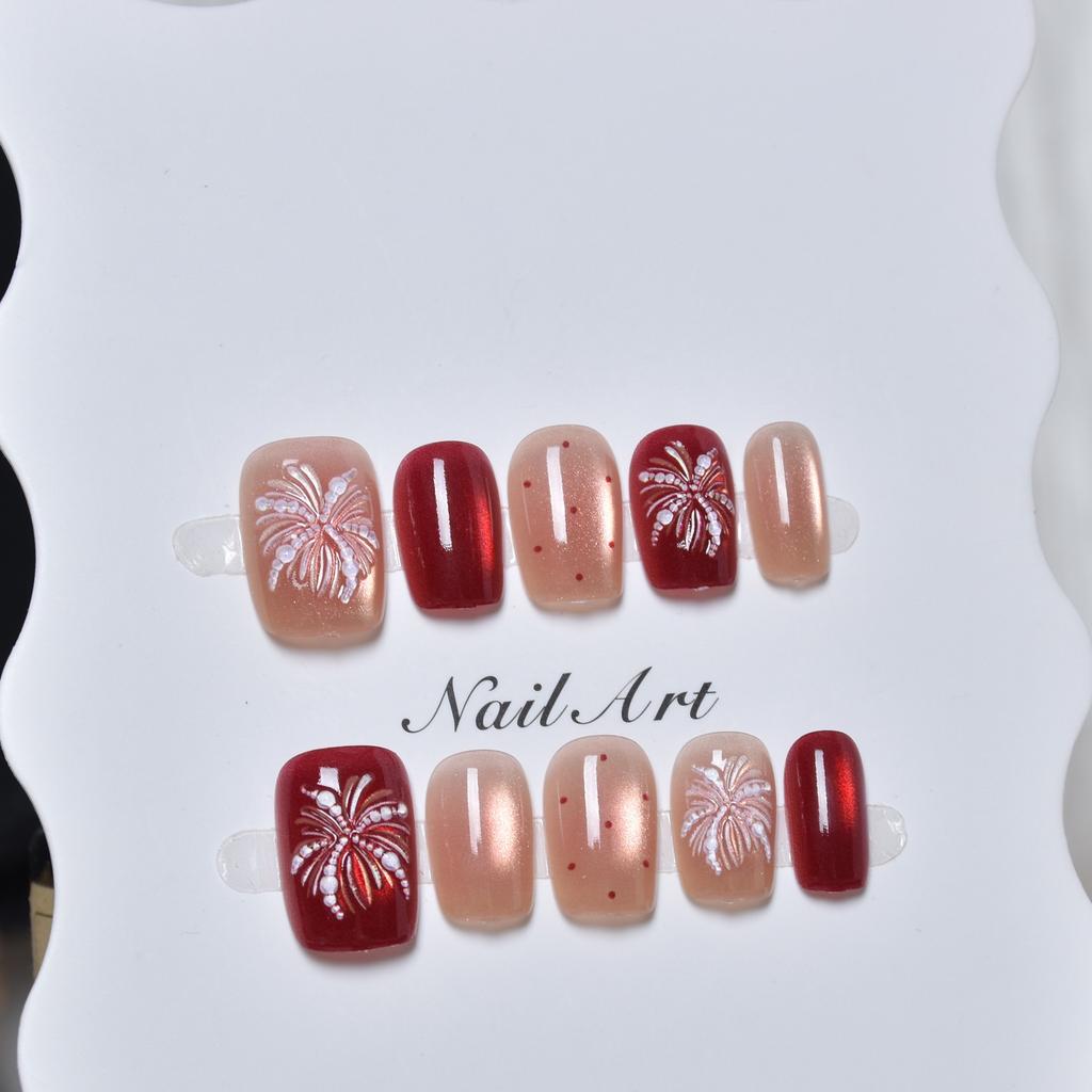 Fake nails wear nail removable cat's eye nail art piece 2026 new red fireworks nail art fake nails