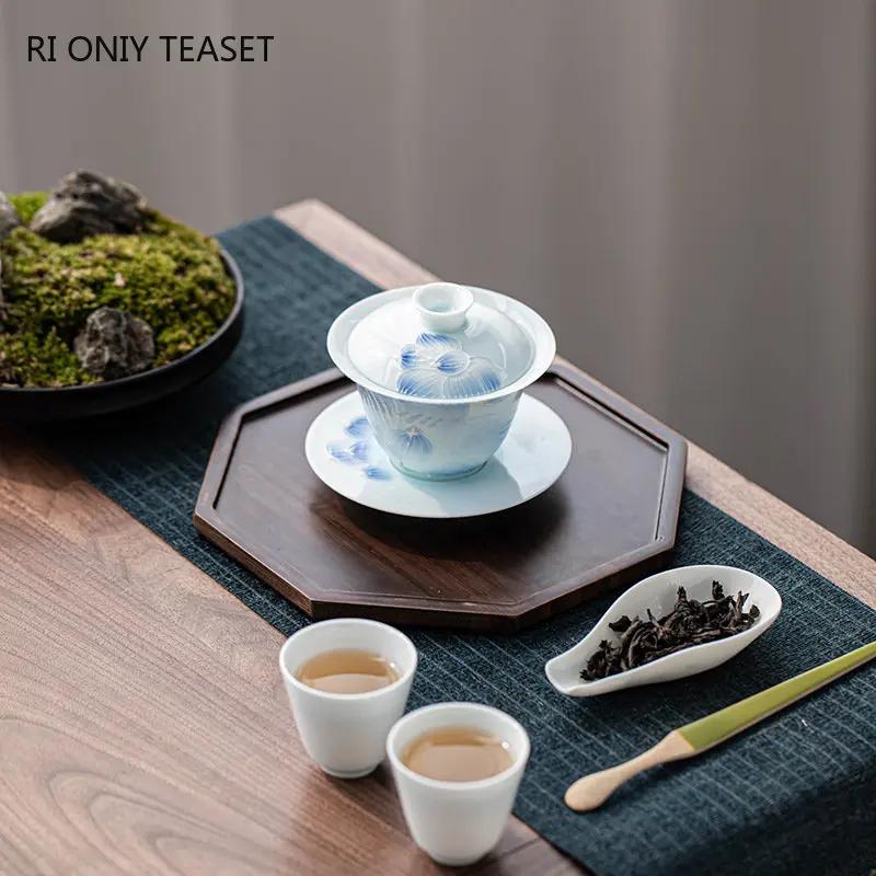 140ml Chinese Hand-painted Lotus Flower Ceramic Tea Tureen Teacup Portable Gaiwan Set Handmade Porcelain Tea Bowl Home Tea Set