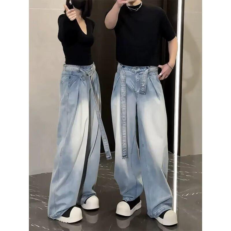 JYL Men's Flare Jeans Blue Belted Spring Premium American High-Street Loose Denim Pants