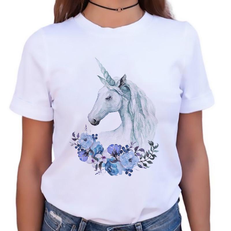 Womens Tshirt Stylish O-Neck Short Sleeve Cartoon Horse Simple Female Tee Tshirts Summer Clothes White Tops 90S Female T Shirt