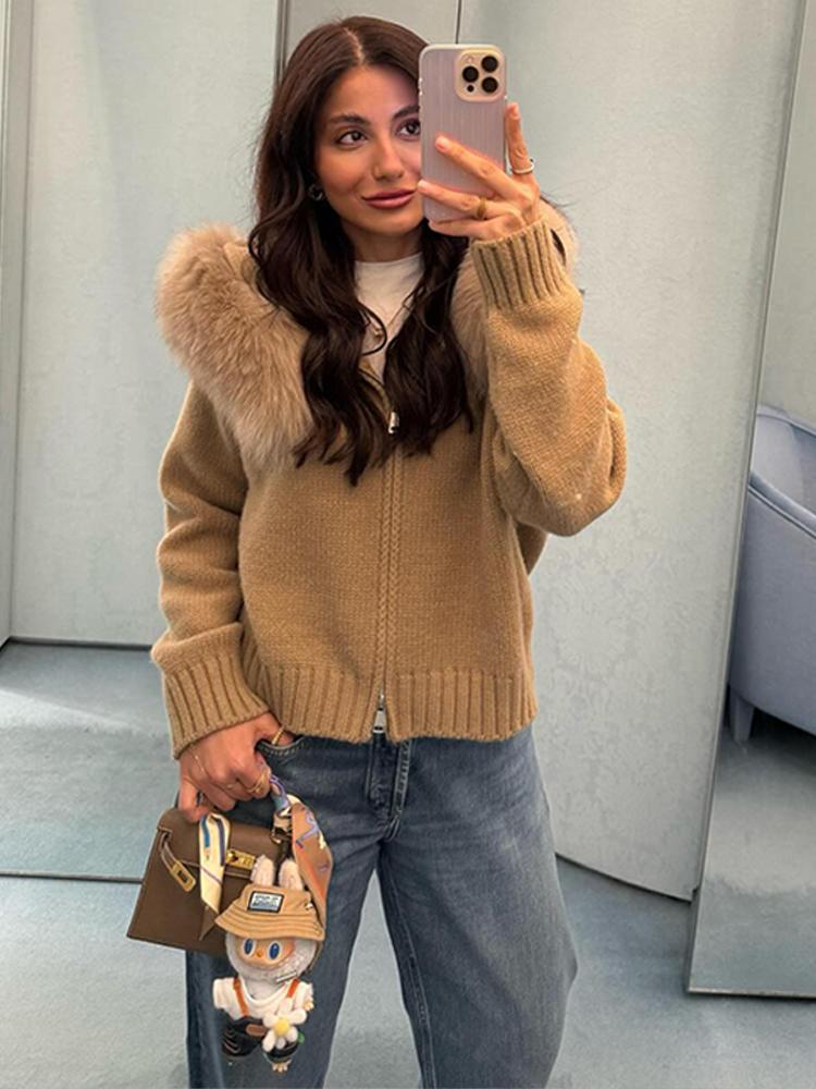 Women's Hooded Zipper Khaki Sweater Cardigan Fur Hat White Knitted Cardigan Furry Hat Knitted Jacket Women's Warm Black Sweater Lining Autumn Winter