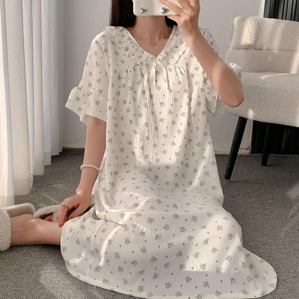 Cloud Cotton Summer Pajama Dress - Women's Short Sleeve Sweet Girl Print Homewear