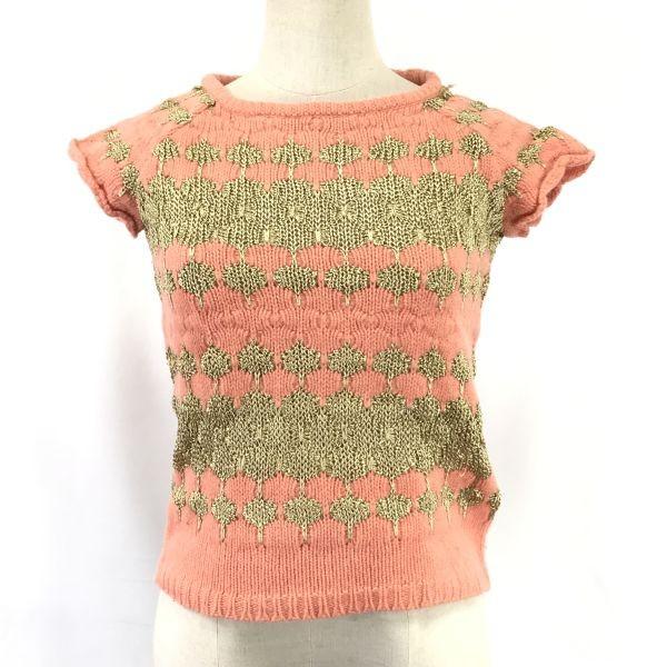 PAUL & JOE French Sleeve Half Sleeve Knit Sweater Women's S Pink Gold embroidery(USED)