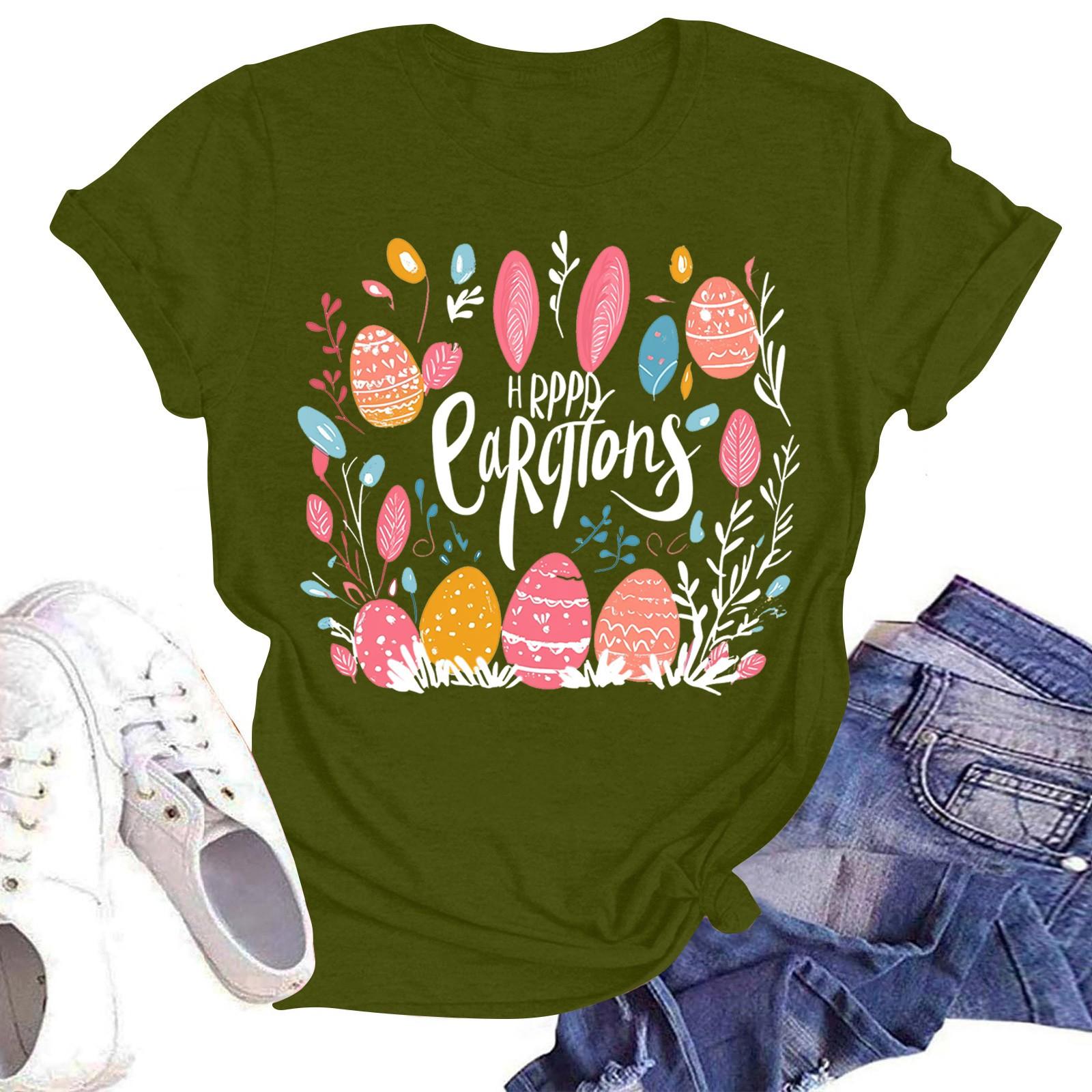 

Женская повседневная модная уличная футболка с коротким рукавом и принтом в виде Пасхи L армия зеленый