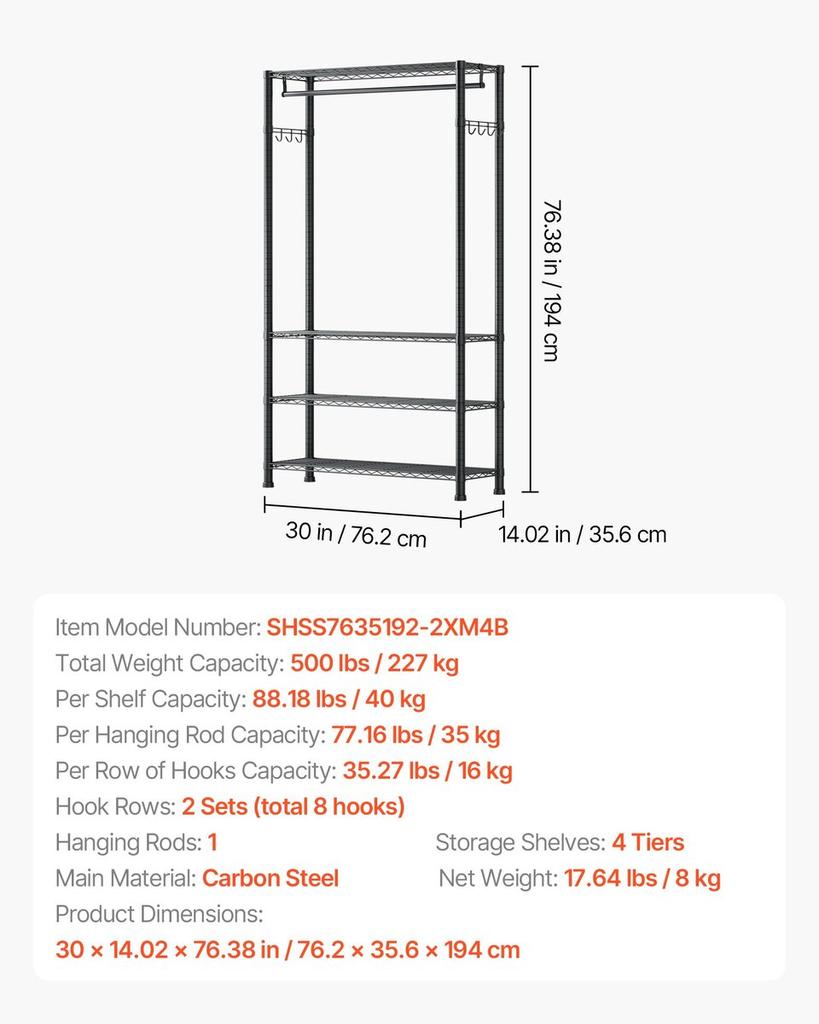 Clothing Garment Rack, Heavy Duty Clothing Garment Rack, 4 Adjustable Tiers Clothing Racks with Carbon Steel, 227 kg Load Capacity Closet Wardrobe for