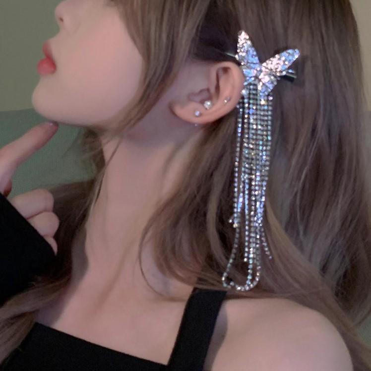 Korean Style Rhinestone Butterfly Tassel Hair Clip for Women - Luxury Bangs Side Accessory