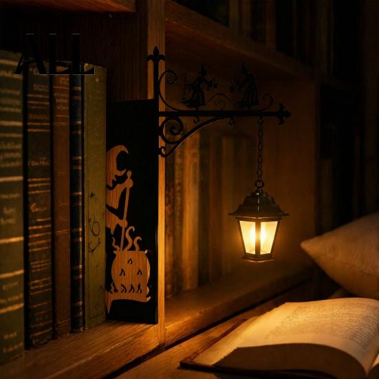 Vintage Hollow Iron Street Lamp Library Lantern, Decorative Bookshelf Lighting, Witch Hat for Reading Nook, Bookend Warm Light Night with LED Glow, &