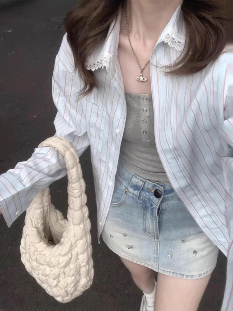 

Women s Long Sleeve Striped Polo Shirt with French Lace Panels - Autumn Sun Protection XL
