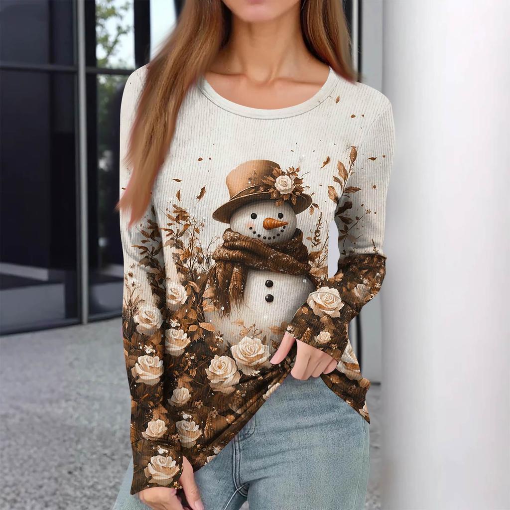 Women's Winter Slim Bottom T-shirt Fashion Casual Gradient Printing Round Neck Pullover Long Sleeve Top