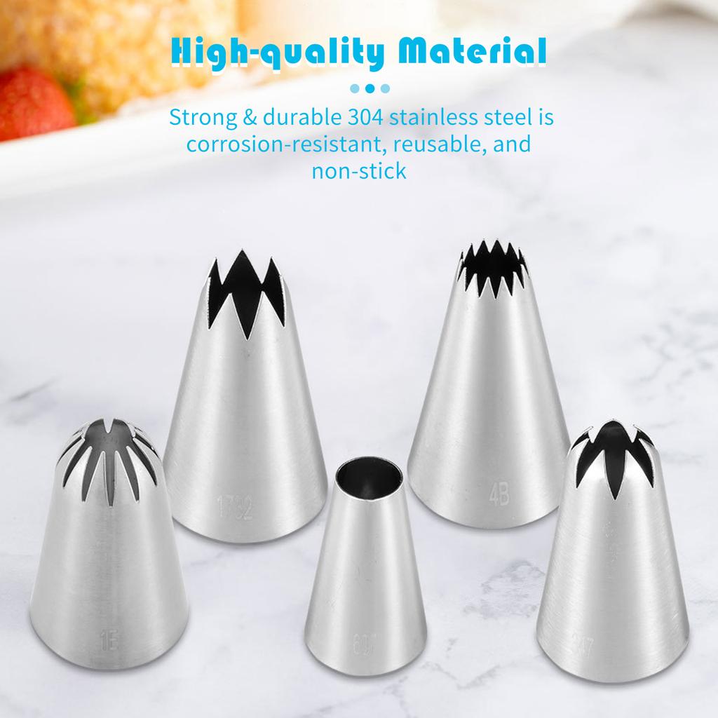 5PCS Cake Decorating Icing Tips for Cake Cupcake Decorating Stainless Steel Icing Piping Nozzles Pastry Tips Frosting Tips for Birthday Cake Party Coo
