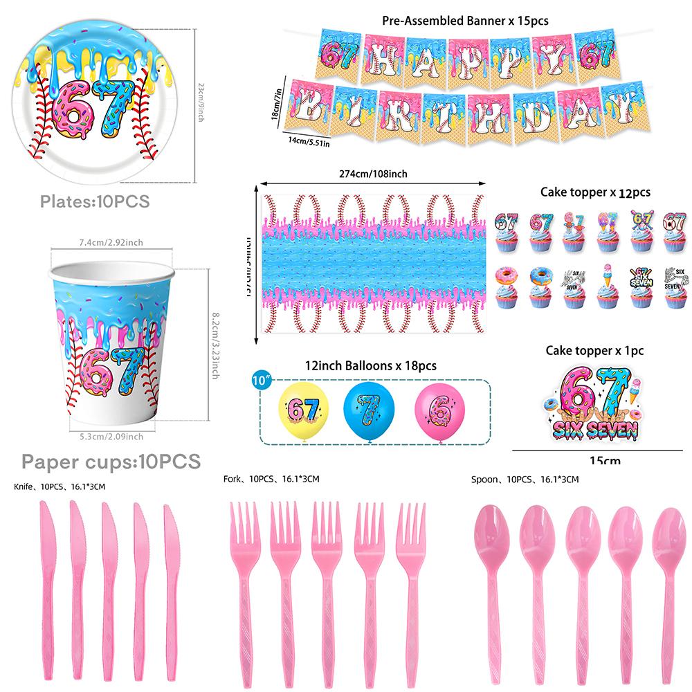 Baseball Donut Ice 67 themed Birthday Disposable Paper Tableware with Cups Plates Cake Topper Gift Bag Party Supplies