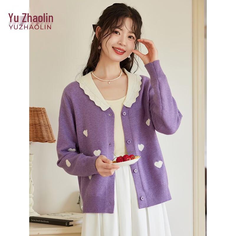 Yuzhaolin Women s Heart Pattern Peter Pan Collar Knitted Cardigan M