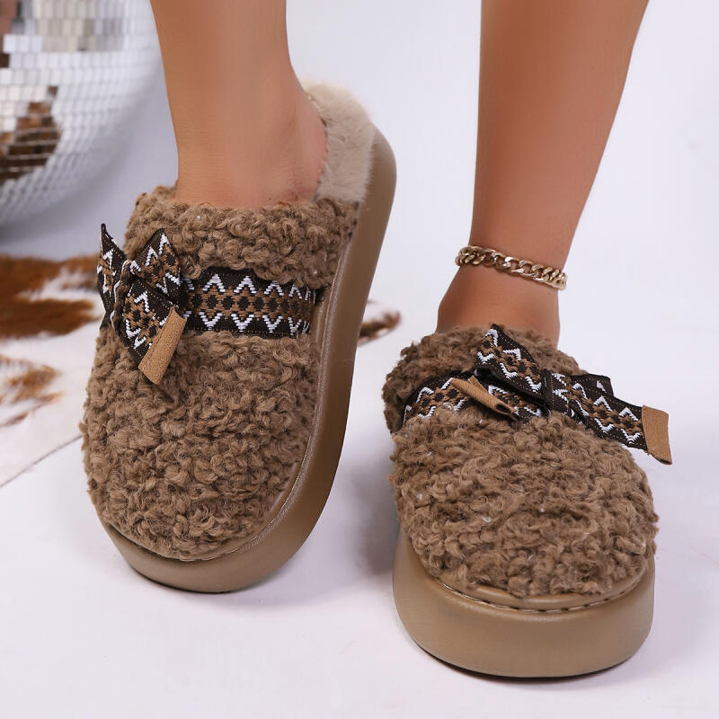 Fashion Sweet Bowknot Fluffy Fur Indoor Slippers Women 2025 Winter Comfort Thick Bottom Home Slippers Warm Plush Non Slip Woman's Slides