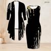 Women Plus Size Black Gold Printed Two Piece Set Sleeveless Bodycon Dress Long Sleeve Draped Cardigan