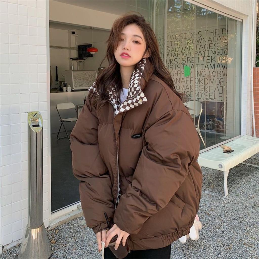 Checkerboard Cotton Coat Women's Winter Retro Style Thick Loose  Coat Design Cotton Coat Trend