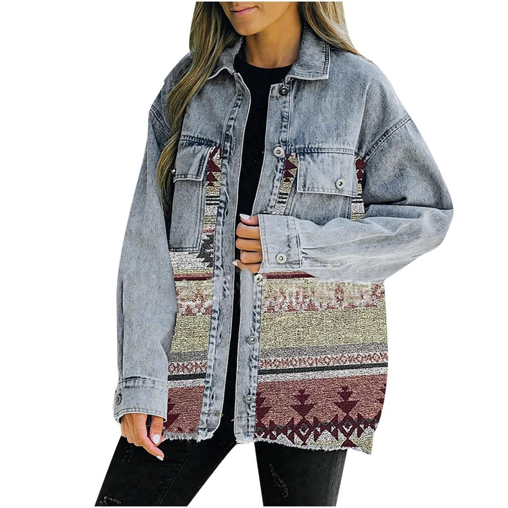 Women Loose Casual Denim Jacket Female Jacket Long Sleeve Black Trim Coat With Pockets