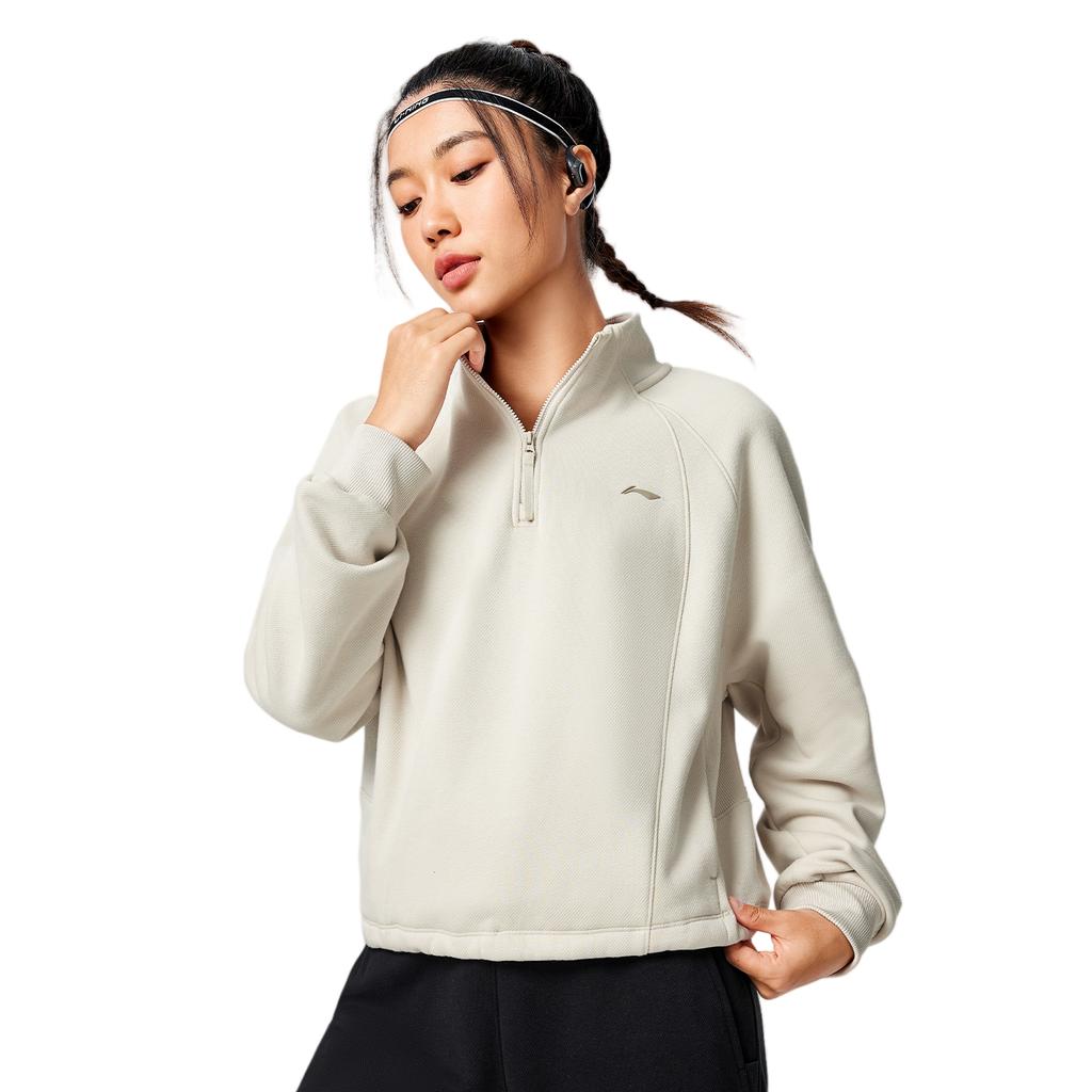 Li Ning Fitness Series Fleece Warm Lock Temperature Dry Loose Stand Collar Sweatshirt Women Sweatshirt AWDV946-3