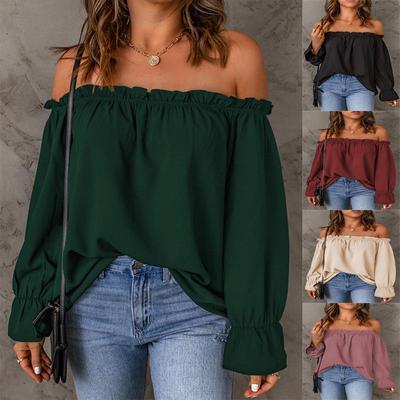 Cross-border Chiffon Off-the-Shoulder Blouse: Women's Spring/Fall European Solid Color Pullover Top