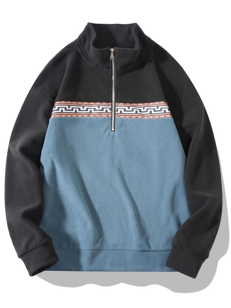 Men's Autumn/Winter Half-Zip Fleece Stand Collar Color Block Jacquard Sweatshirt