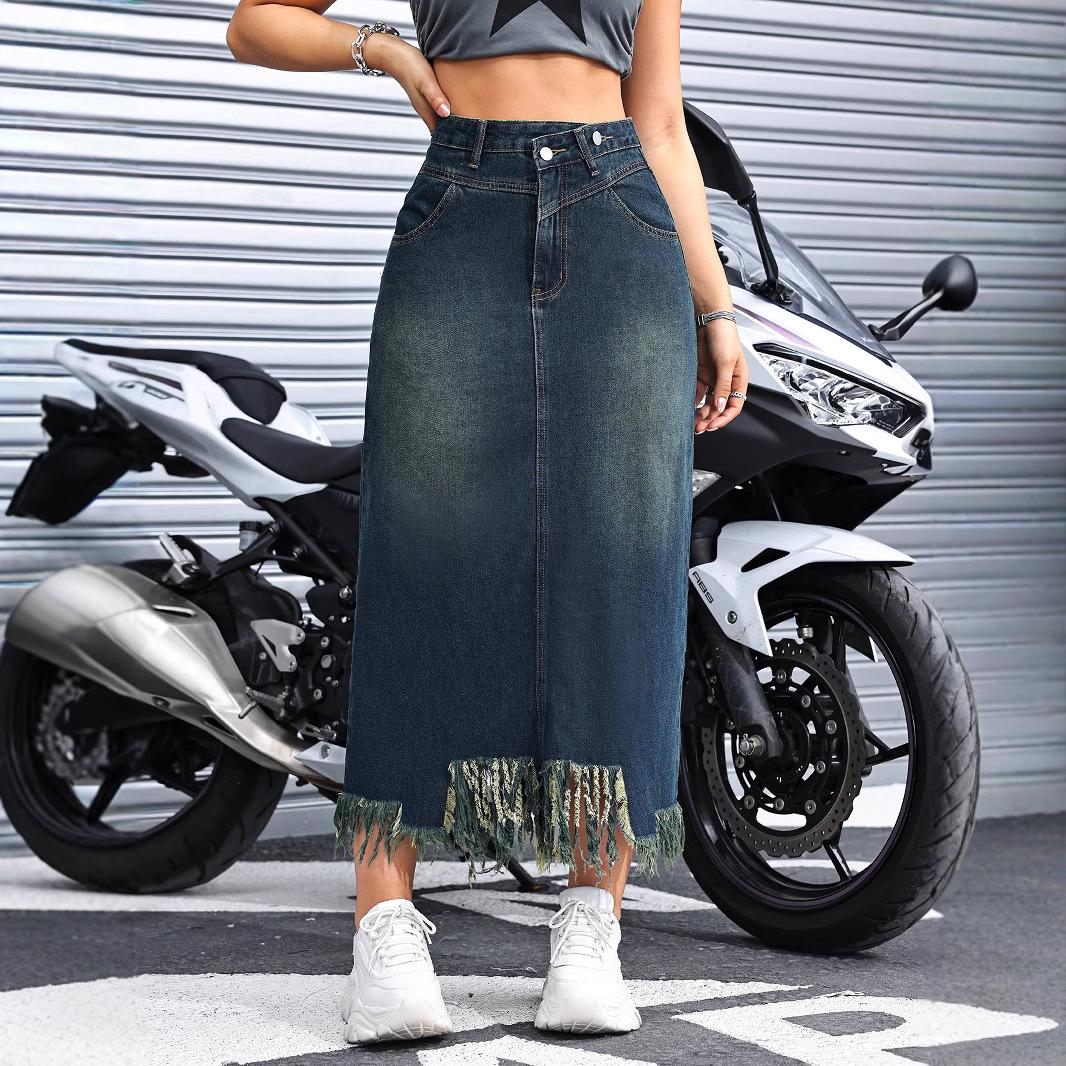 Women s High Waist Midi Denim Skirt Pencil Skirt Streetwear Fringe Hem Non-Stretch Spring Vintage Casual Bottoms S