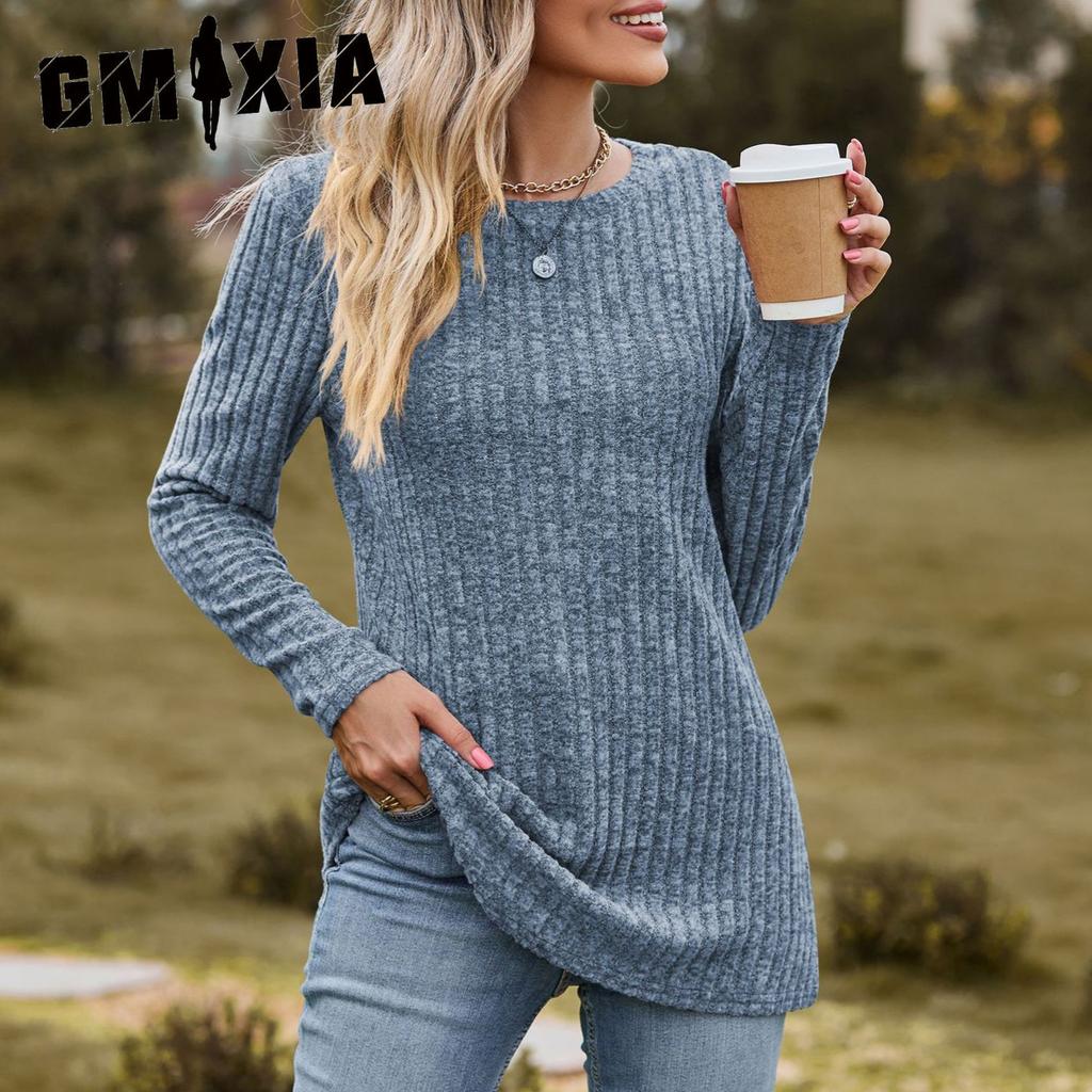 GMXIA Autumn Women's Round Neck Frosted Pit Strip Solid Color Top Long Sleeve T-shirt