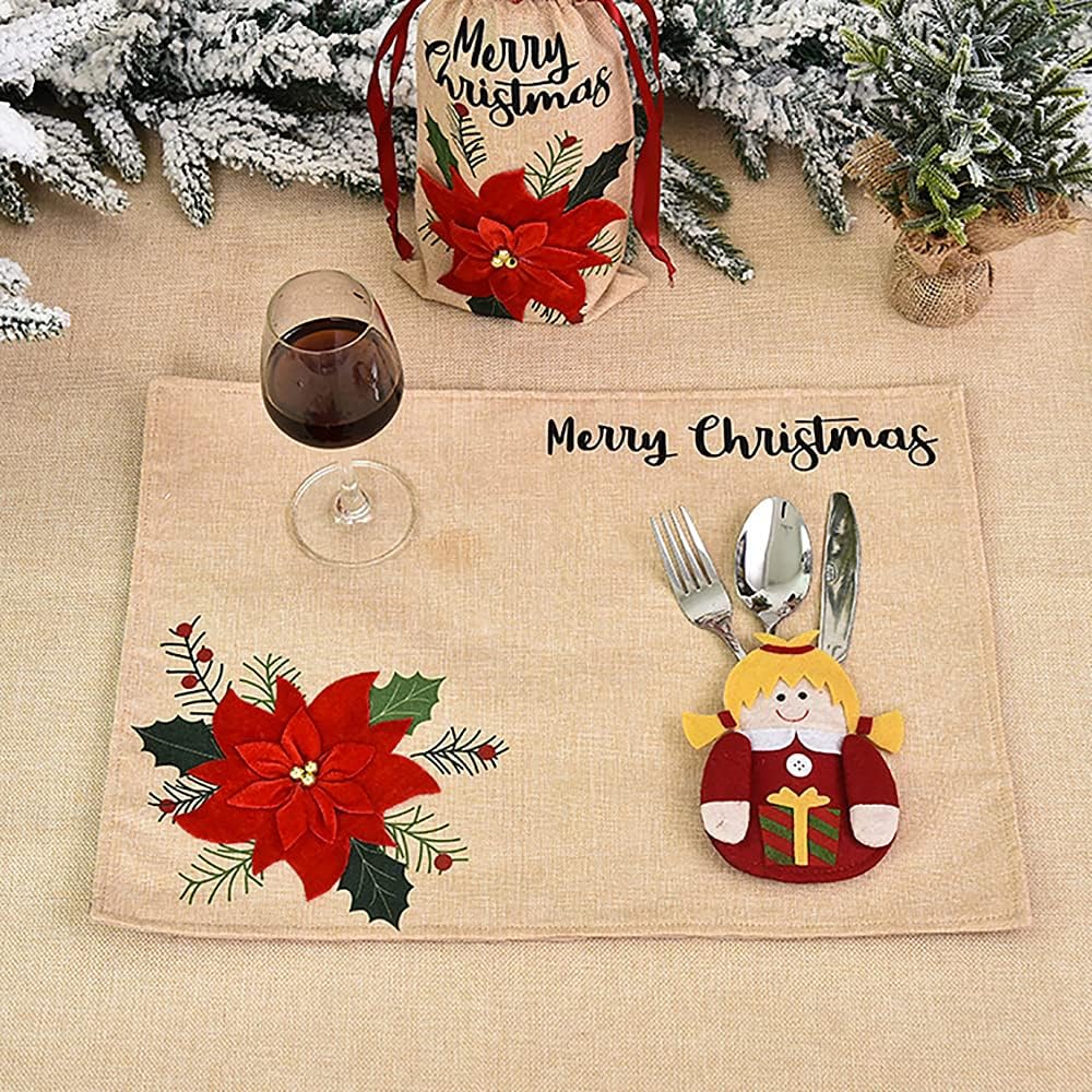 8 Pieces Christmas Tableware Holder Set, Santa Claus Snowman Reindeer Bear Knifes Forks Spoon Silverware Pocket Bags for Xmas for Thanksgiving New