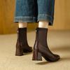 High Heel Short Boots Coarse Heel Pointed Skinny Boots Brown Fleece Winter Boots Medium Boots