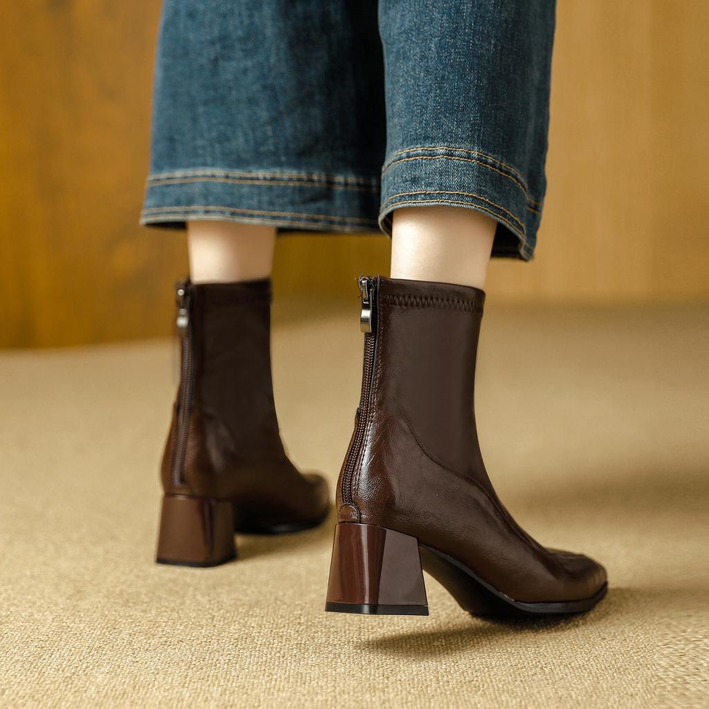High Heel Short Boots Coarse Heel Pointed Skinny Boots Brown Fleece Winter Boots Medium Boots