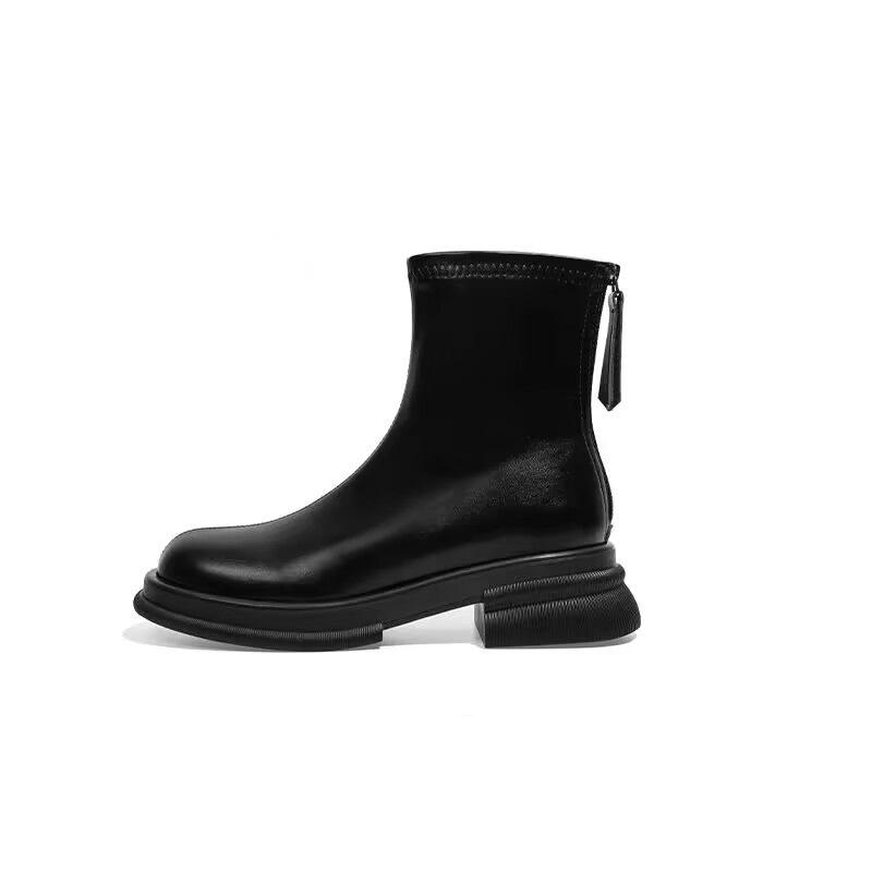 Soft leather heightened thick-soled Martin boots, thin two cotton short boots, thick heel elastic thin boots in autumn and winter