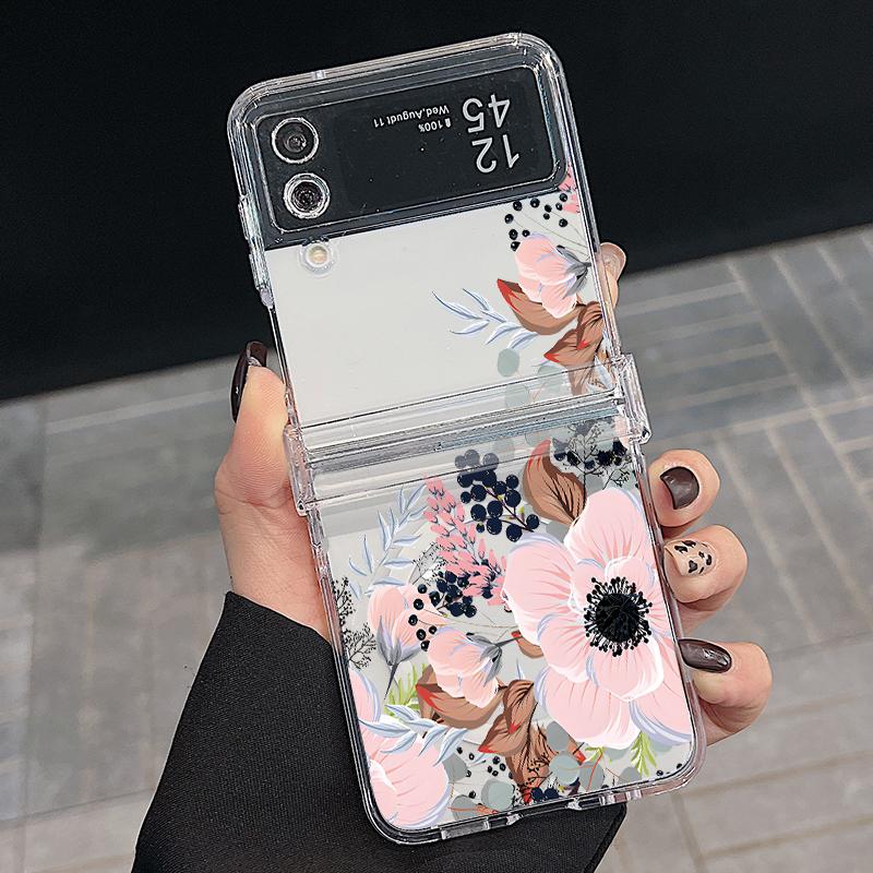 For Magsafe Magnetic 3PCS Case for Samsung Z Flip6 Flip5 Flip4 Shockproof Color Flower Pattern Transparent Pc Hard Slim Phone Case Cover