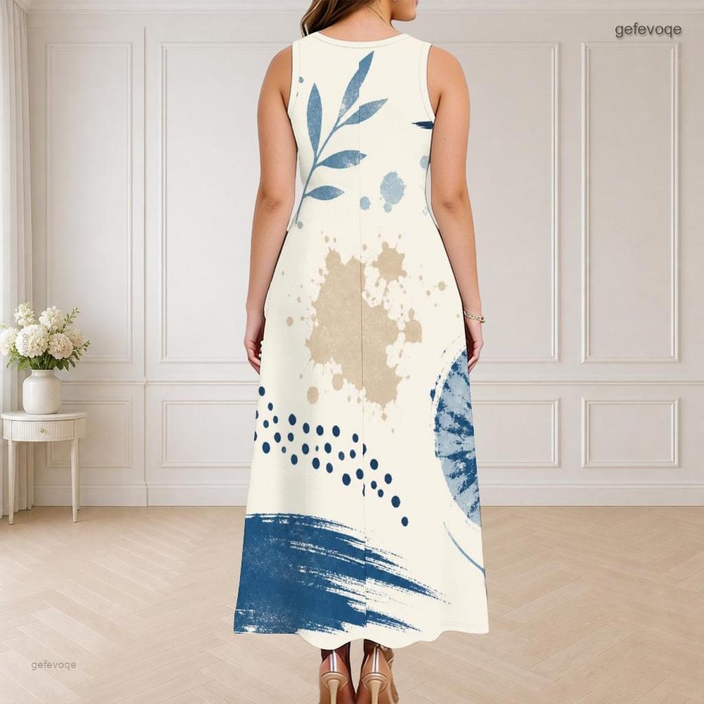 Women Plus Size Round Neck Triple Keyhole Cutout Sleeveless Printed Blue Beige White Long Maxi Dress