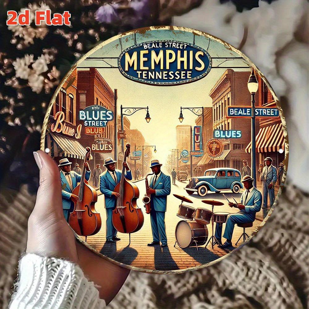 D Flat Memphis Jazz Music Street Scene Wall Art Round Aluminum Sign with Beale Street Blues Bistro Design Vintage Music 20x20cm(8x8inch)