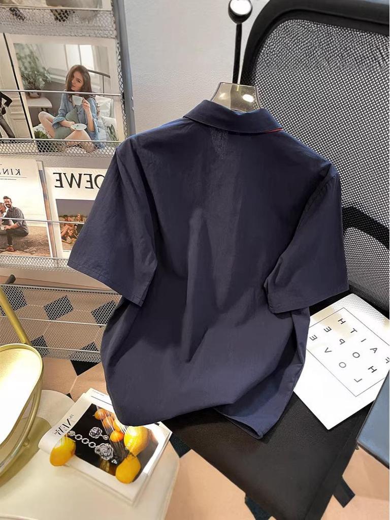 Women's Dark Blue Japanese Academy Style Short-Sleeve Tie Shirt - Casual Retro Loose Fit Crop Top