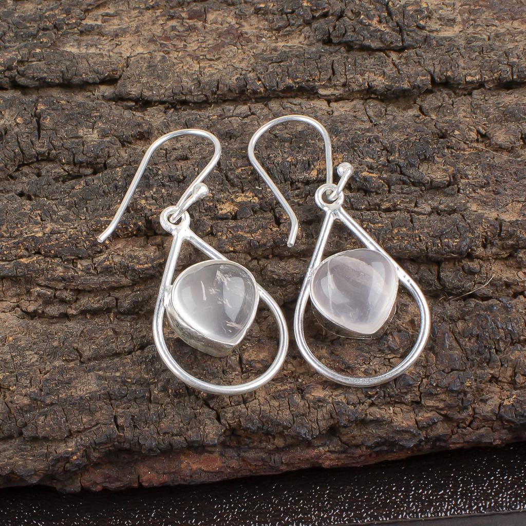 Rose Quartz Gemstone Handmade 925 Solid Sterling Silver Jewelry Designer Silver Earrings Gift for Sister