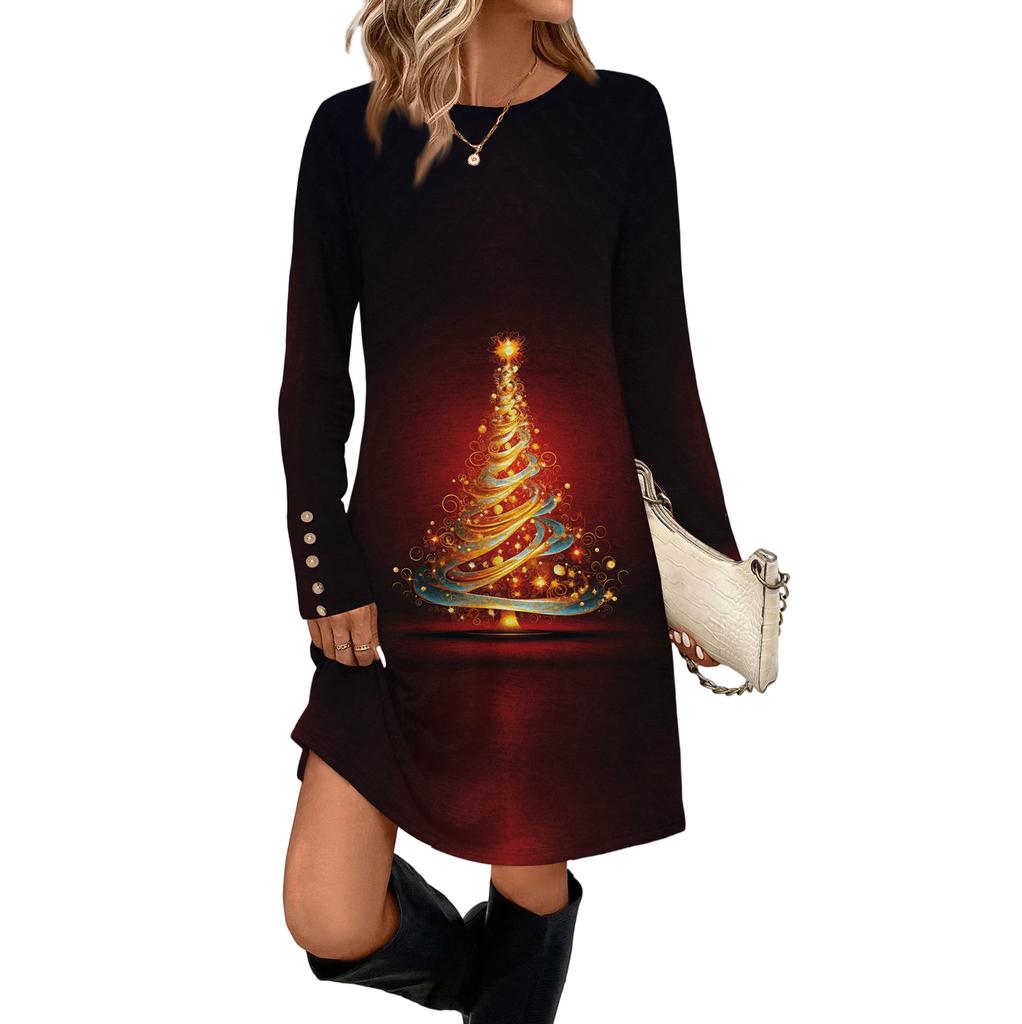 Women's Fashion Casual Dress With Pockets, Decorative Buttons, Christmas Prints, Round Neck And Long Sleeves