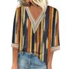 Blusa feminina casual solta, camisas, manga 3/4, acabamento em renda, estampa, decote em V, tops estampados, camisetas, camisetas