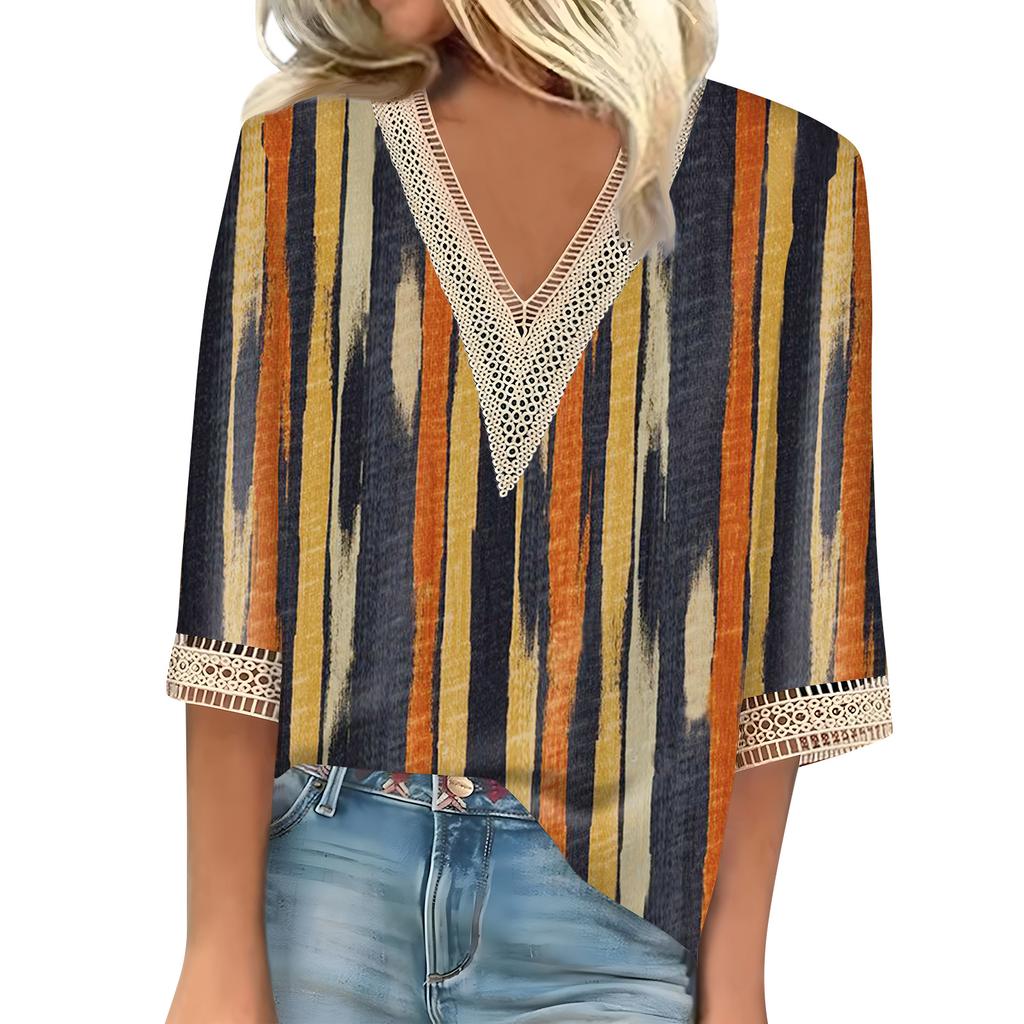 Blusa feminina casual solta, camisas, manga 3/4, acabamento em renda, estampa, decote em V, tops estampados, camisetas, camisetas