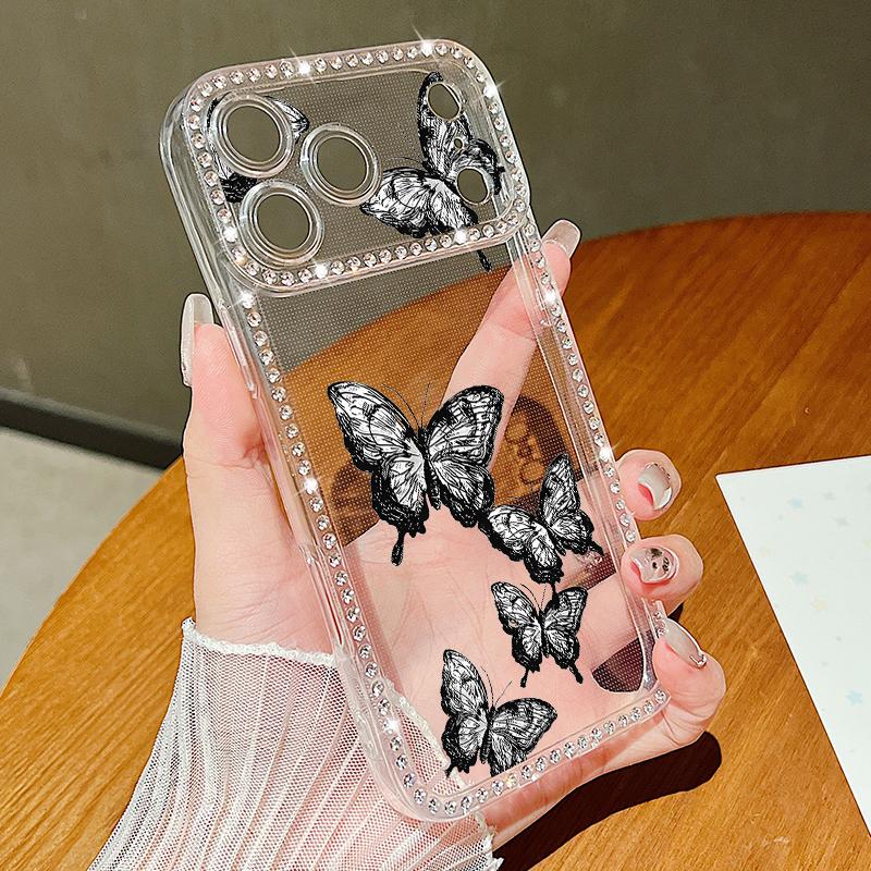 Luxury Bling Diamond TPU Phone Case For iPhone 17 Air 16e 16 14 15 13 17 Pro Max 15 16 Plus 17 Simple Butterfly Print ShockProof Case Cover