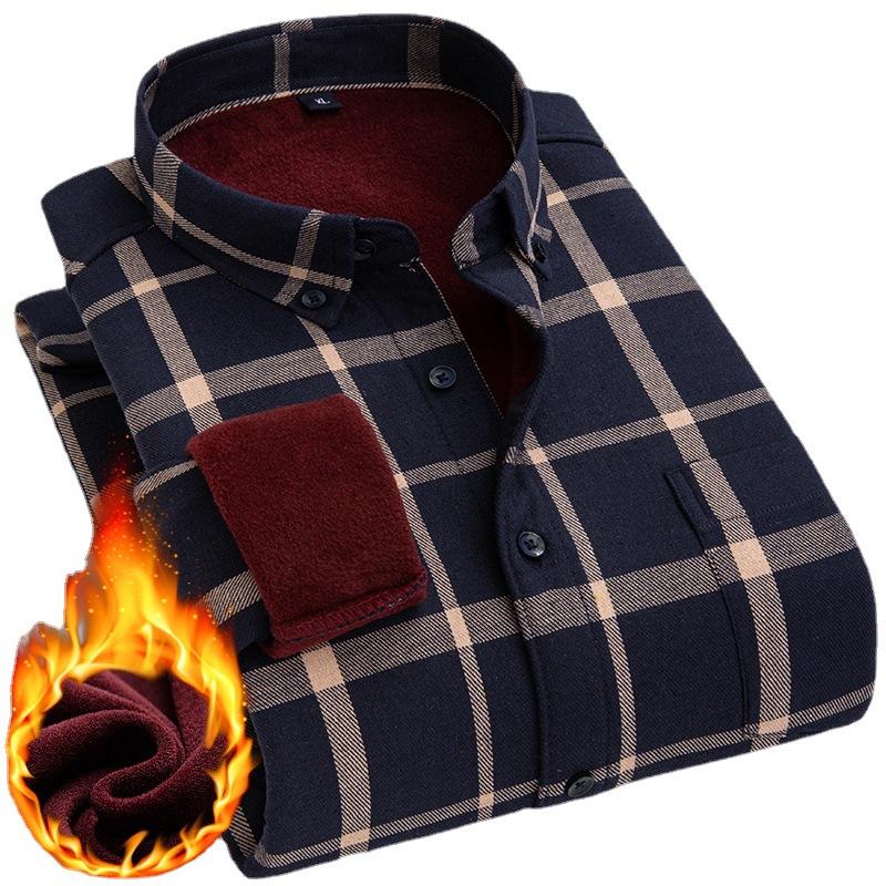 Men 'S Long -Sleeved Shirt Plus Velvet Plaid Shirt Loose Casual Top
