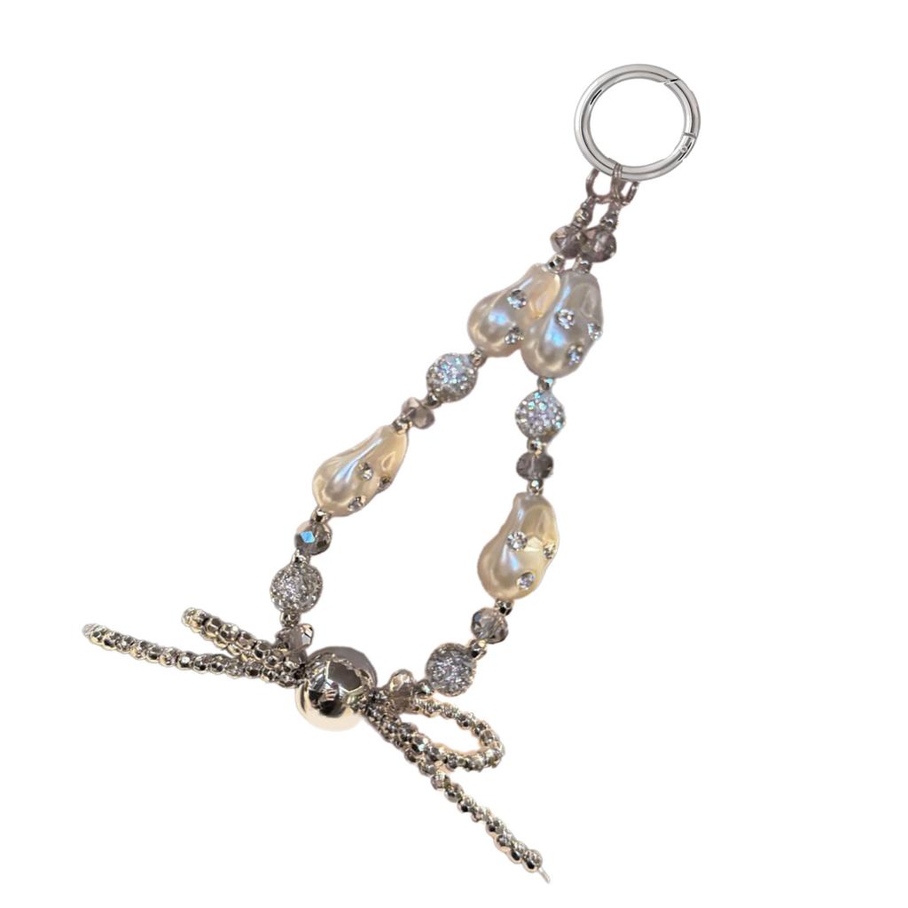 Unique Irregular Pearl Bow Keychain Alloy Beads Crystal Rhinestones Accent Phone Chain Fashion Jewelry Gift