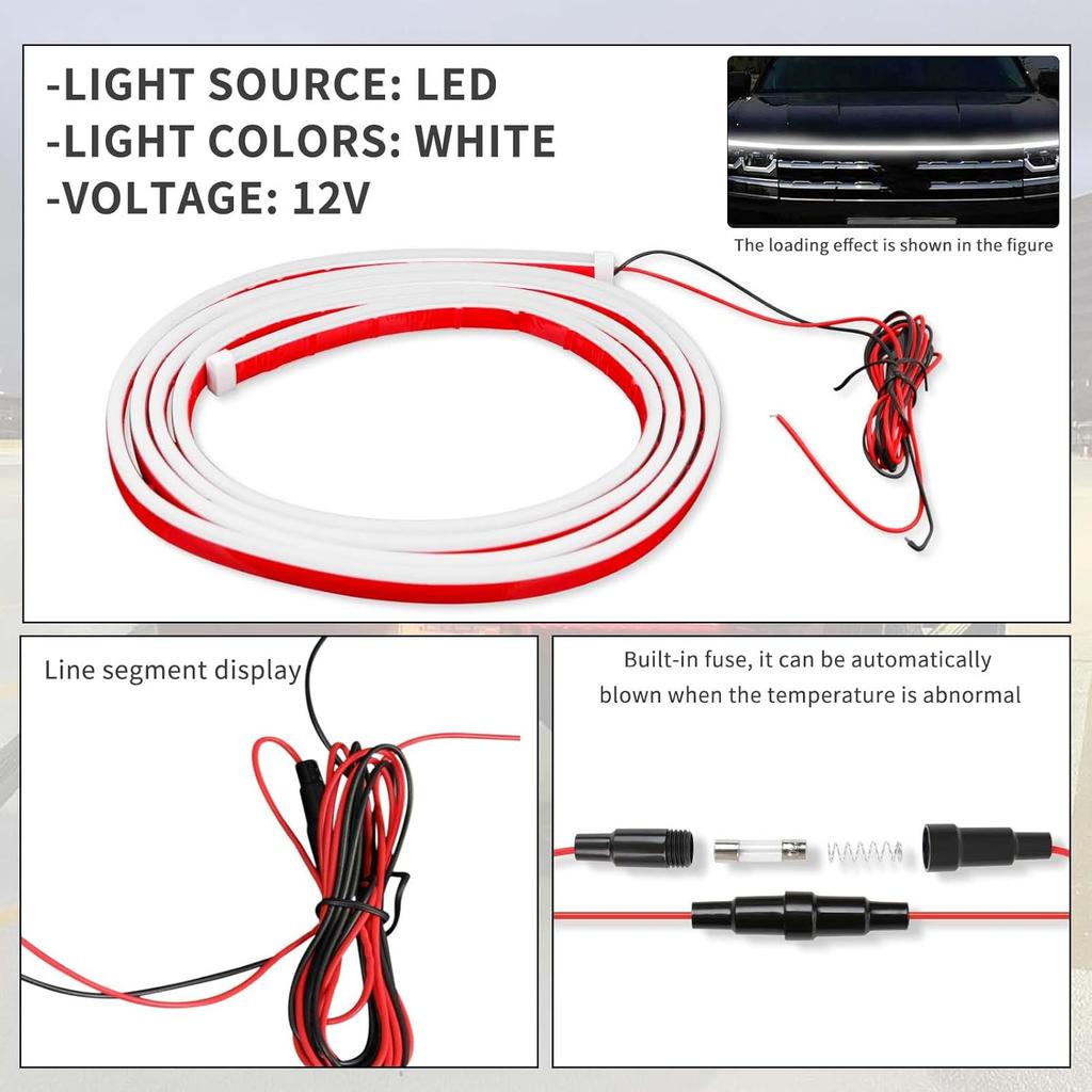 94.5 Inch Car Hood Light Strip, White Exterior Dynamic Car LED Hood Light, Flexible & Waterproof, Universal Exterior Daytime Running Light Strip With